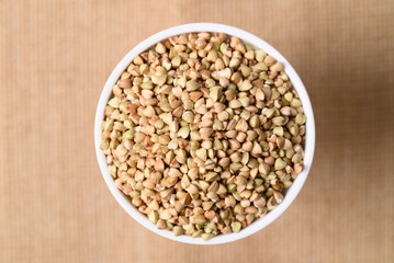 Organic buckwheat seed in bowl, Food ingredient, Top view