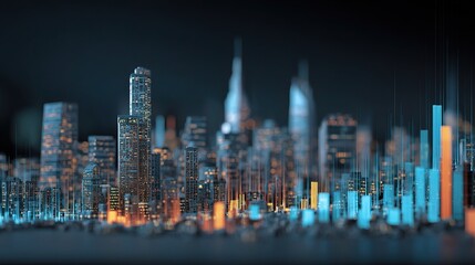 Digital Cityscape with Holographic Stats Rising in Urban Skyline