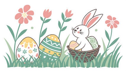 A vector illustration featuring Easter elements: colorful painted eggs, a bunny (rabbit), flowers, and grass. Flat design style with pastel colors (yellow, pink, blue, green). The scene should be cute