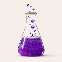 This image features a clear Erlenmeyer flask filled with a vibrant purple liquid and rising bubbles. The white graphics on a transparent background are a valuable asset for designers.