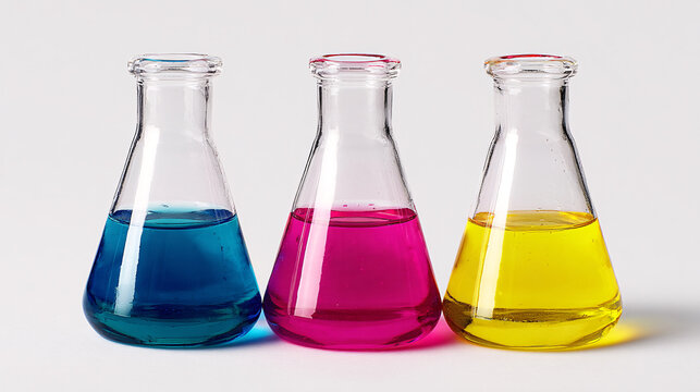 Image features three glass Erlenmeyer flasks filled with cyan, magenta, and yellow liquids.  The white graphics on a transparent background are a valuable asset for designers.
