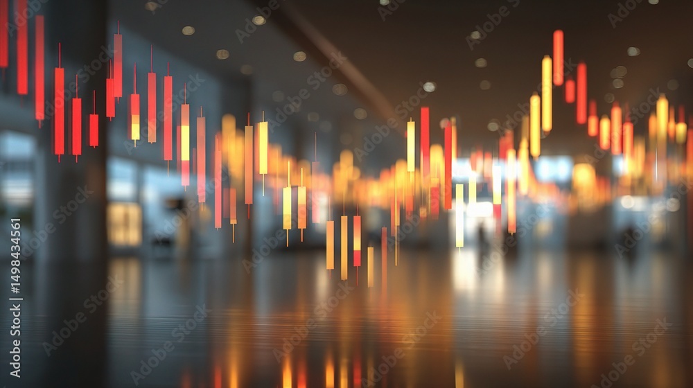 Poster candlestick chart style with floating elements in modern environment