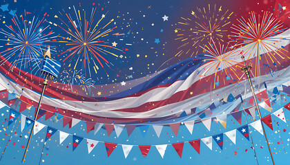 A vector illustration of a patriotic Independence Day celebration: fireworks and flags with a red, white, and blue color palette. Include star symbols, bunting, or a flag on a pole. Flat design style,