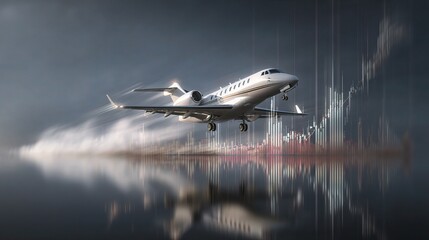 Obraz premium Business Jet Taking Off with Rising Profit Graph Background