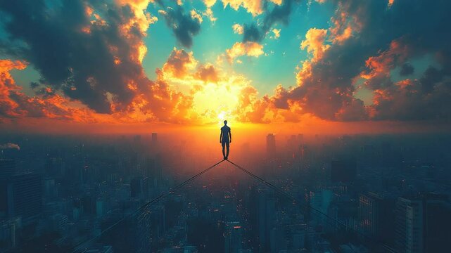 Person balancing on tightrope at sunset over city