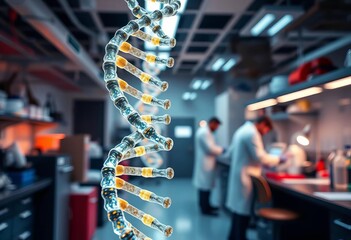 Gleaming DNA helix dominates lab; blurred researchers work in background, genomics, science