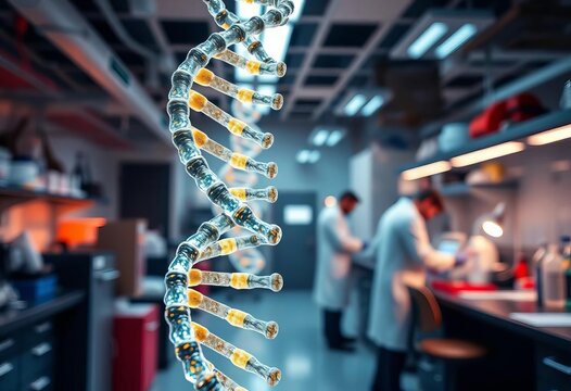 Gleaming DNA helix dominates lab; blurred researchers work in background, genomics, science