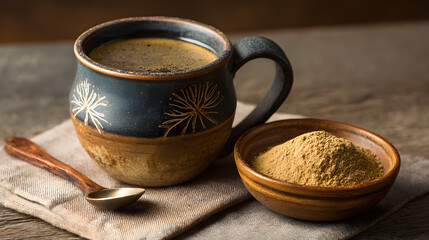 Cozy earthen mug of steamed maca and cinnamon tonic with powder and spoon (AI Image)
