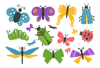 Isolated cliparts on white background, a set of folk naive bold insects such as butterflies, beetles, ladybug, and caterpillar in a cheerful, bright hand-drawn vector