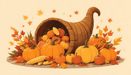 A vector illustration of a Thanksgiving autumn harvest scene: a cornucopia (horn of plenty) overflowing with pumpkins, corn, apples, and autumn leaves. Flat design style with warm autumn colors.