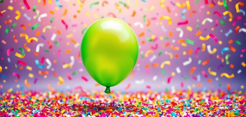Festive green balloon floats amidst colorful confetti on a vibrant birthday backdrop, invitation, illustration