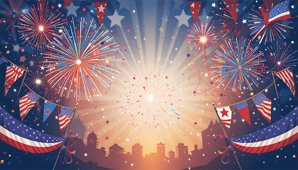 A vector illustration of a patriotic Independence Day celebration: fireworks and flags with a red, white, and blue color palette. Include star symbols, bunting, or a flag on a pole. Flat design style,