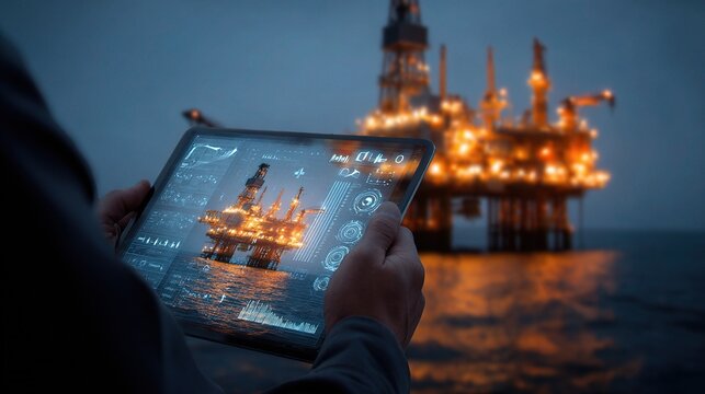 Technician Holding Tablet While Analyzing Data on Offshore Rig