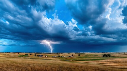 Dramatic lightning strike over golden wheat fields under dark storm clouds at sunset, capturing the raw power of nature and atmospheric beauty