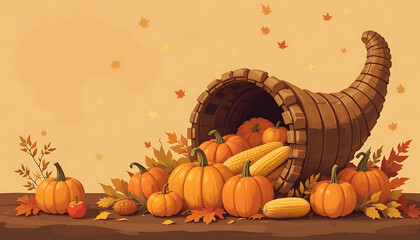 A vector illustration of a Thanksgiving autumn harvest scene: a cornucopia (horn of plenty) overflowing with pumpkins, corn, apples, and autumn leaves. Flat design style with warm autumn colors.