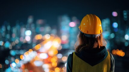 Woman in Hard Hat Overlooking Vibrant City Lights at Night