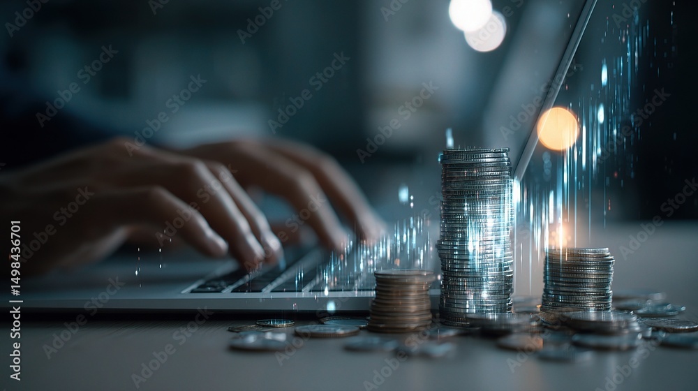 Poster man using laptop with floating data visuals and currency concept