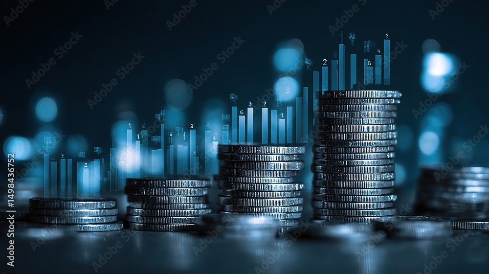 Poster stacked coins with blue graphs and data visualization concepts
