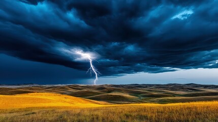 Dramatic lightning strike over golden wheat fields under dark storm clouds at sunset, capturing the raw power of nature and atmospheric beauty