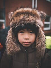 Child's Portrait Close Up of a Youngster in a Furry Winter Hat.