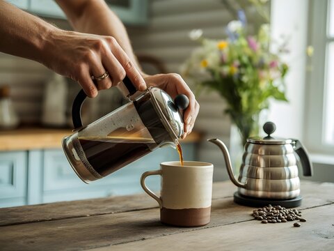 Hands, pouring coffee in the home kitchen, energy and starting the morning with warm matcha on the table. Man, filter kettle and french press for fresh organic caffeine at home for hot drinks