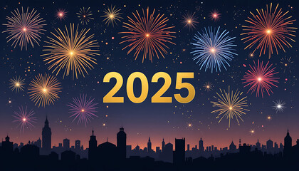 A vector illustration of New Year’s Eve fireworks bursting in the night sky over a city silhouette or with the numbers '2025' (or generic year) in gold. Flat design style with vibrant fireworks.