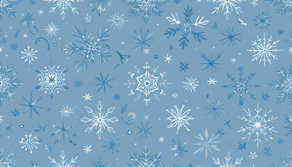 A vector seamless pattern of winter snowflakes in flat design. Use cool colors (shades of blue and white). The pattern should include snowflakes of different sizes and subtle geometric shapes.