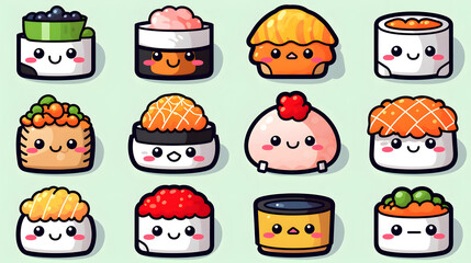 Obraz premium Sushi Kawaii Menu Icon Set Cartoon Vector for Asian Cuisine Restaurant Use