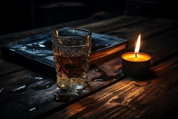 A glass of amber liquid on a rustic wooden table with a book and candle