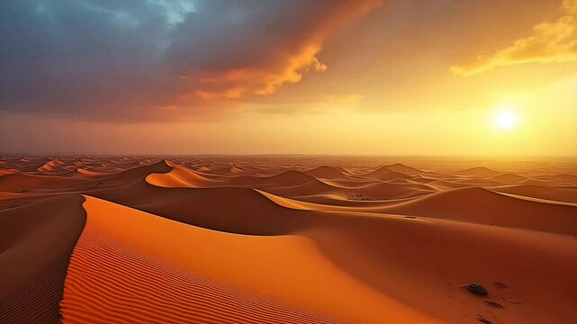 "Sahara Desert Dunes at Sunrise" &ndash; Highlights the vastness and color changes of the desert. Suitable for marketing or business purposes
