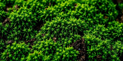 Fototapeta premium Close-up of vibrant green moss texture, intricate details visible, flora, miniature