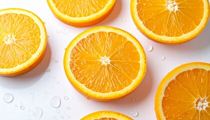 Fototapeta premium Fresh orange slices with water droplets on a clean white surface