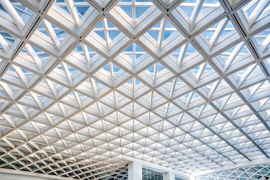 Stunning image of modern building's geometric glass ceiling featuring clean architectural lines and bright natural lighting