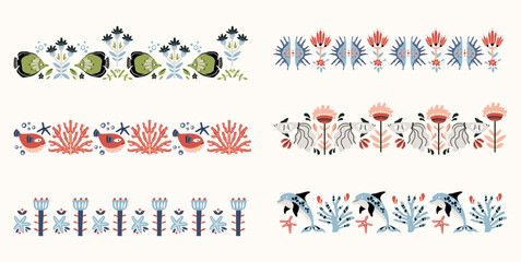 Folk ocean scandi seamless borders set - fishes, flowers, branches in scandinavian hygge style, ethnic floral sea motifs on background for wrapping, textile, digital or scrapbook paper or invitation