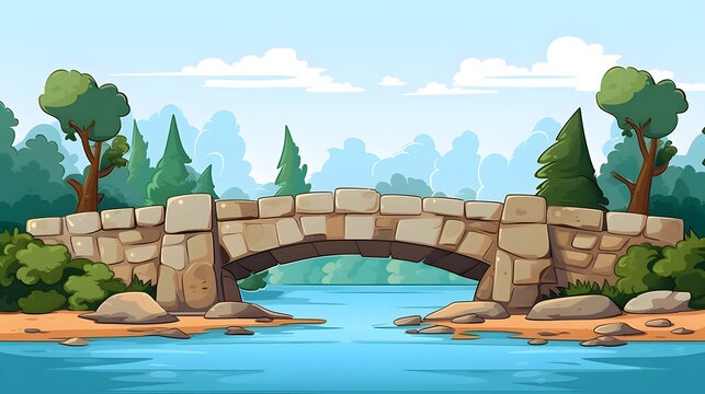 Scenic Bridge Over Calm Blue River: Tranquil Water Crossing Landscape