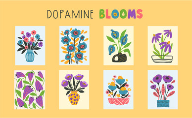 Set of bold optimistic greeting cards or posters templates, bright positive funny hand drawn flowers in naive style, textured vector illustration set