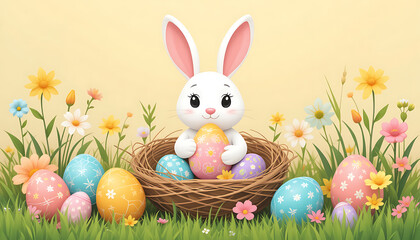 A vector illustration featuring Easter elements: colorful painted eggs, a bunny (rabbit), flowers, and grass. Flat design style with pastel colors (yellow, pink, blue, green). The scene should be cute