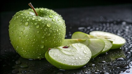 green apple with water drops