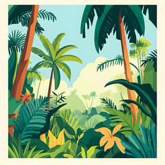 Tropical Rainforest Paradise Landscape Flat Vector Illustration for Design Projects