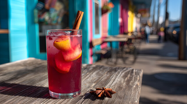 Hibiscus tepache soda with cinnamon stick and fruit pulp in lively street-side atmosphere (AI Image)