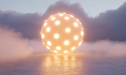 Glowing sphere in misty landscape, ethereal scene, digital art, website banner