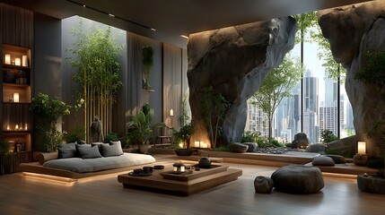 Fototapeta premium Contemporary zen room featuring bonsai and bamboo garden high resolution picture