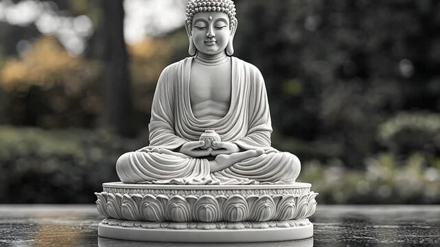 Serene buddha statue radiating tranquility in a peaceful garden promoting mindfulness and contemplation