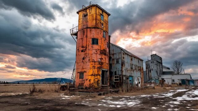Abandoned Agricultural Building with Dramatic Sky and Sunset Colors