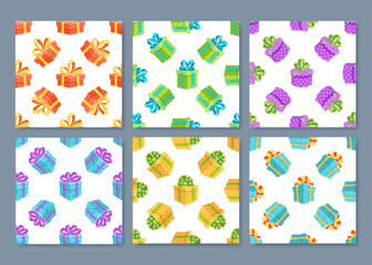 Cartoon seamless pattern gift box set with colorful ribbon presents. Wrapped surprises perfect for a birthday party background. Each unique box adds festive decoration.