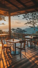 Rooftop breakfast cafe with sunrise views and rustic decor