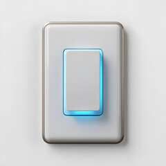 Close-up of a modern light switch with a glowing blue border, mounted on a plain white wall.