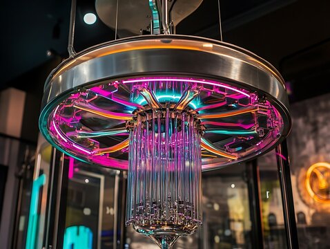 A qubit cooling unit, a suspended cryogenic lab pod with neon accents.