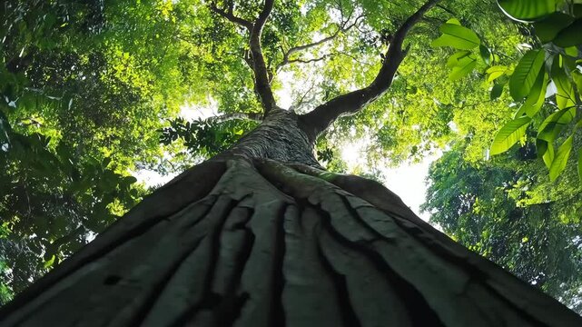 Bottom up view of large green trees with sun shines through the leaves 4k