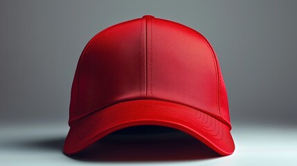 A red baseball cap is shown in a close up. The hat is red and has a black band